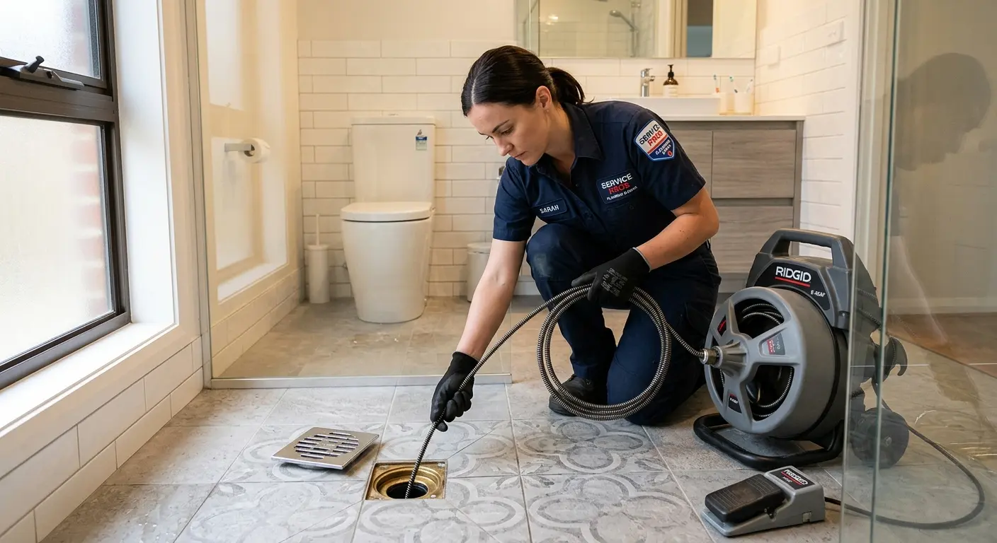 Technician clearing a bathroom floor drain for Drain Repair in Lake Charles